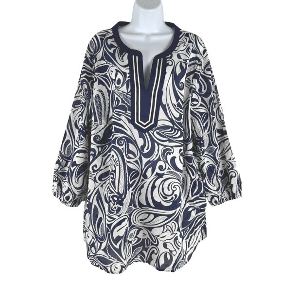 Talbots Tunic Top 2X Paisley Blue White Cotton V-Neck Lightweight NWT TP-3419 - Picture 1 of 8